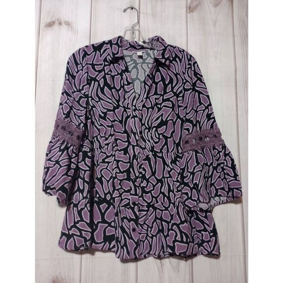 Cato Shirt Ladies Medium Purple Black Long Sleeve Button Front Bell Sleeve - Picture 1 of 7